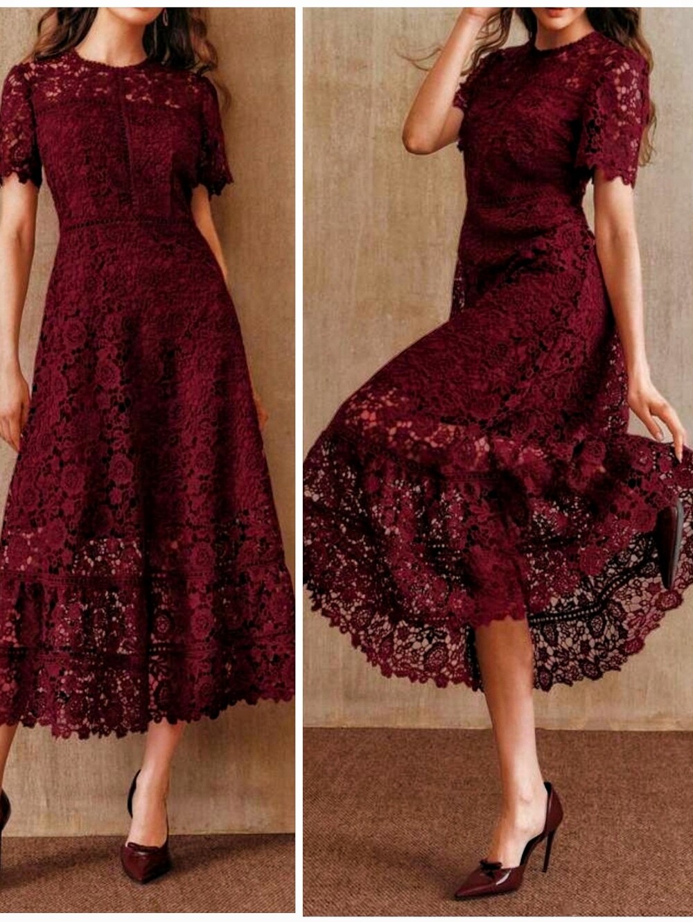 New Embroidered Lace Midi Dress Short Sleeve Ruffle Hem Burgundy Red